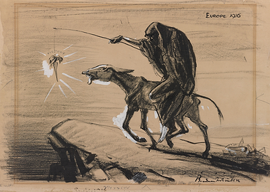 Figure riding a donkey towards victory