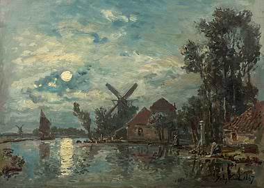Moonlit Dutch Landscape with Windmills and Sailboat
