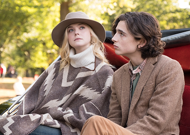 Elle Fanning and Timothée Chalamet in a carriage