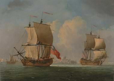 Ships sailing near a coastal fortress