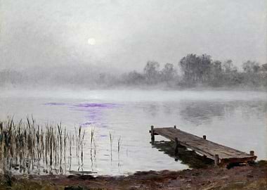 Misty Lake Sunrise with Wooden Dock