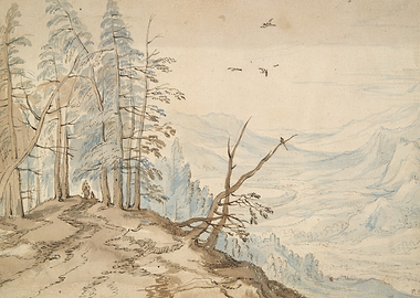 Mountain Landscape with Trees and Birds