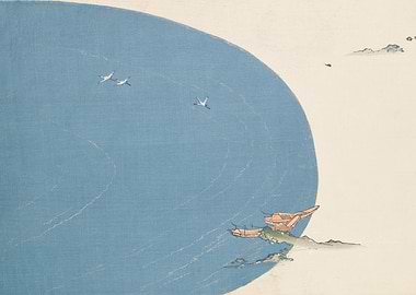 Cranes flying over boats near shore