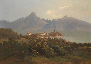 Scenic painting of a lakeside town and mountains