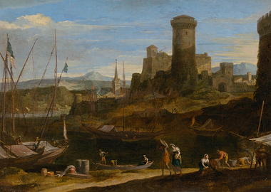 Harbor scene with castle and boats