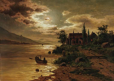 Moonlit Lakeside Village and Boat