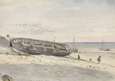 Beached Boat and Sailboats on Shore