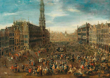Busy European City Square with Architecture and People