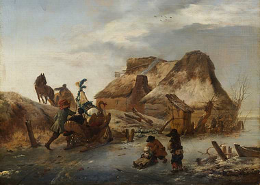 Winter Scene with Sledding and Cottages