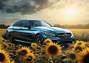 Mercedes in sunflower field