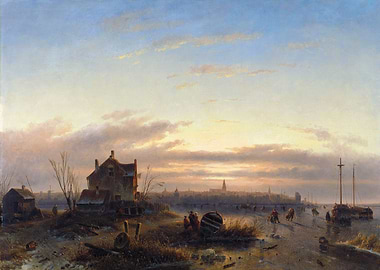 Winter Ice Skating Scene at Sunset