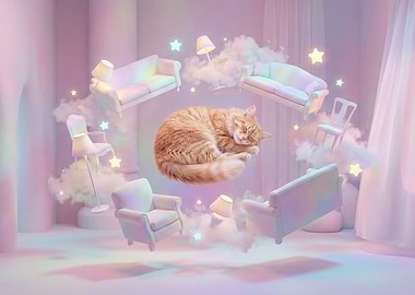 Dreamy Cat Floating in a Surreal Room