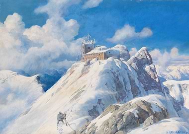 Mountain Summit with Climber and Building