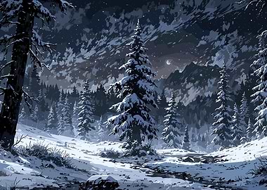 Snowy Forest at Night