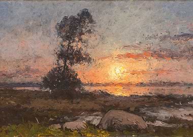 Sunset over water with tree and rocks