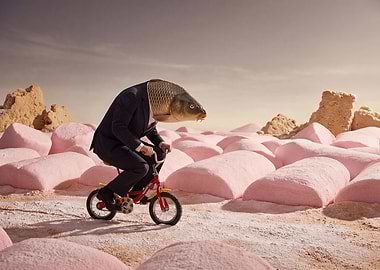 Fish-headed man on a bicycle
