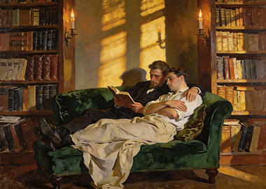 Two men reading in a library