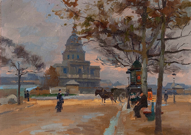 Parisian Street Scene with Dome Building
