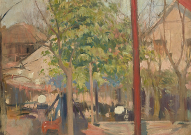 Impressionist Outdoor Scene with Trees and Buildings