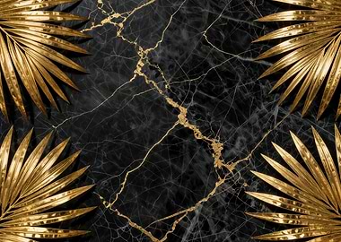 Golden Palm Leaves on Black Marble