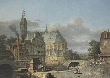 Historic European Cityscape with Canal and Bridge