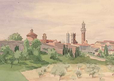 Watercolor painting of a European cityscape