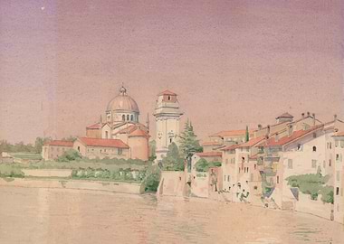 Watercolor of Italian Riverside Cityscape