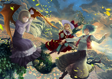 Three anime girls in a fantasy landscape