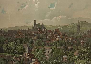 Panoramic view of a European city with cathedrals