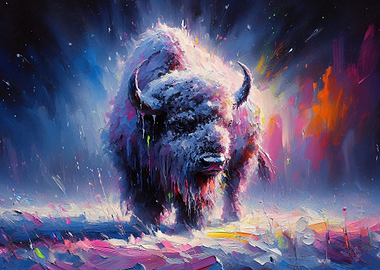 Vibrant Bison in Abstract Winter Landscape