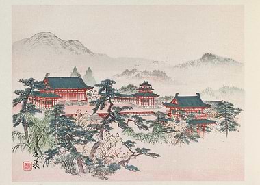 Japanese Temple Landscape with Pine Trees
