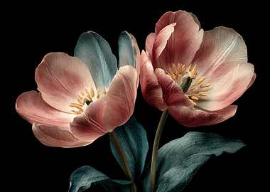 Two Elegant Tulips on Black Background