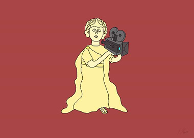 Statue holding a vintage film camera