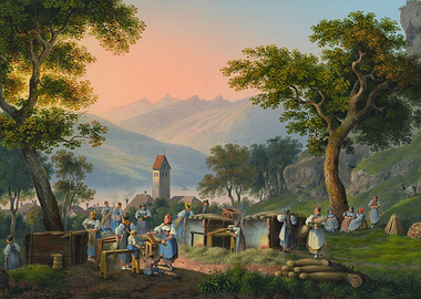 Alpine Village Scene with Women Working