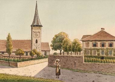 Village scene with church and house