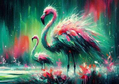 Flamingos in Abstract Watercolor