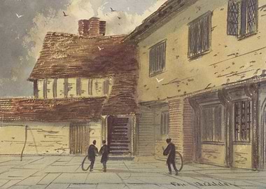 Children playing with hoops in a courtyard