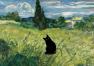 Black Cat in Van Gogh Field