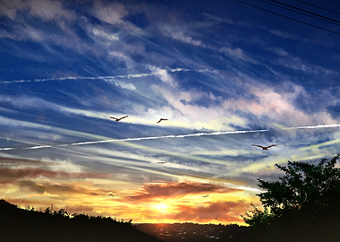 Birds flying at sunset with contrails