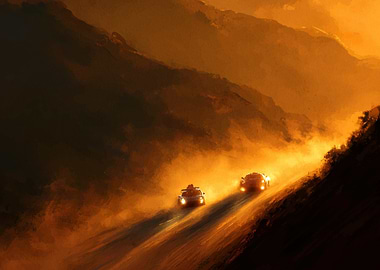 Cars racing on a dusty mountain road at sunset