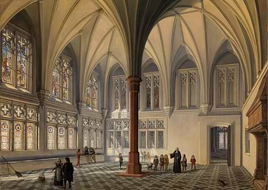 Gothic Hall with Stained Glass and Figures