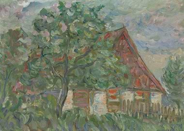 Impressionist Painting of a Rustic House and Tree