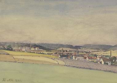 Village landscape with factory and church