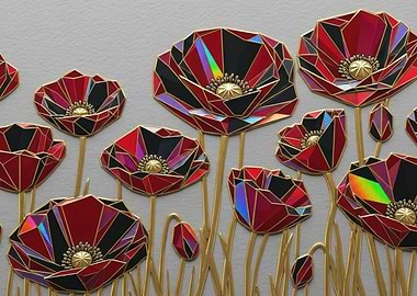 Geometric Poppies with Gold Stems