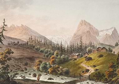 Alpine Village with Mountains and River