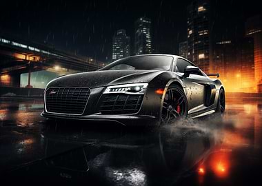 Black Audi R8 in Rainy City