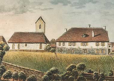 Village scene with church and house