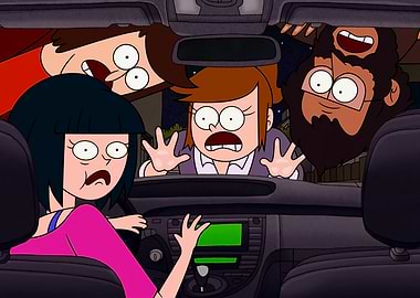 Scared people crammed in a car