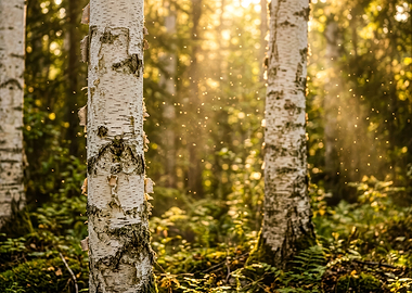 Sunlit Forest with Birch Trees