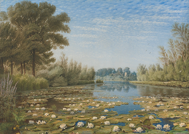 Water Lilies on a Lake with Distant Castle